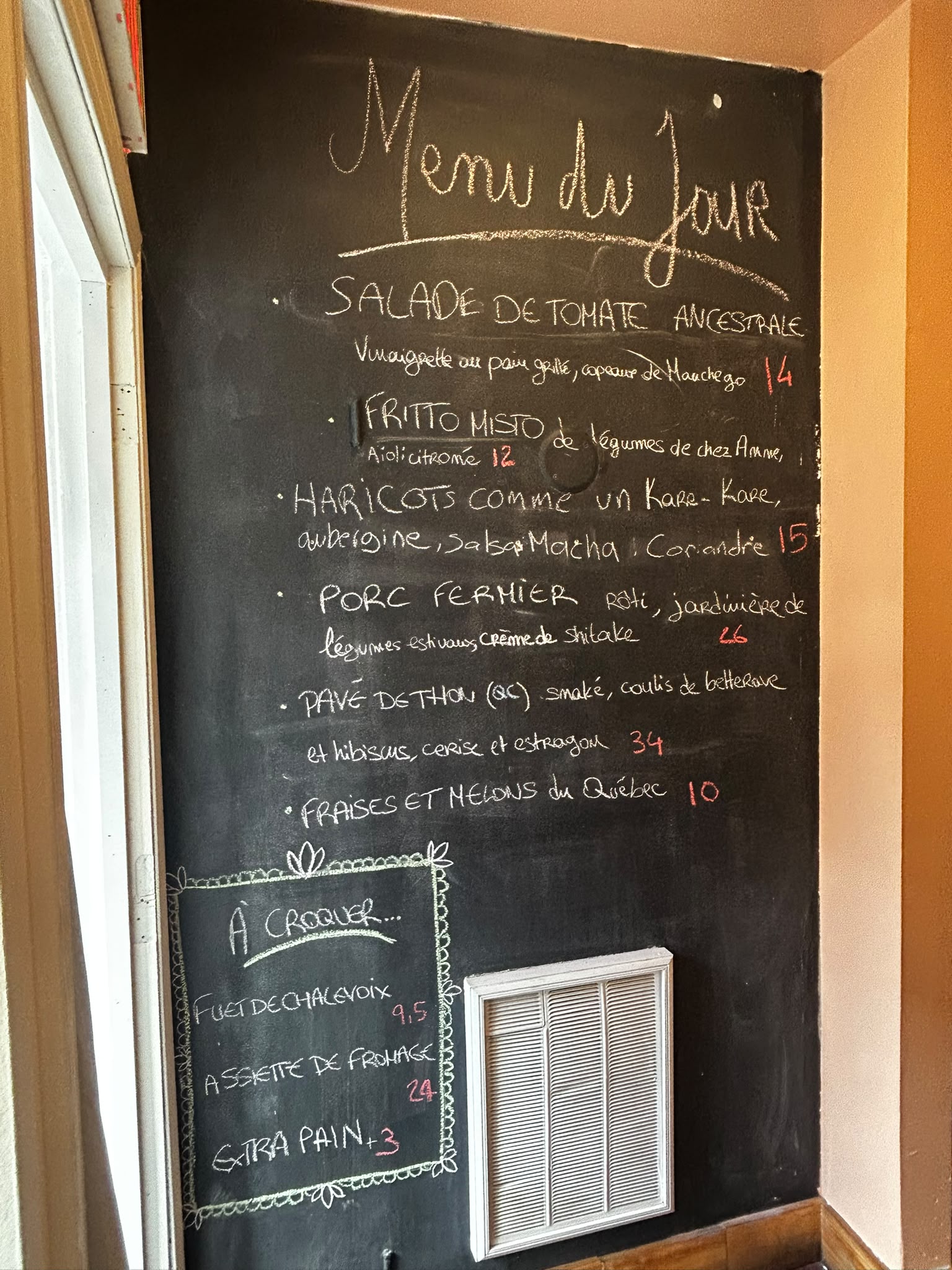 Ardoise du menu du Sans Recette à Montréal